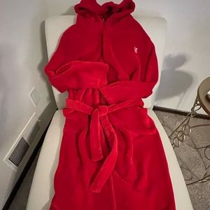 Victoria’s Secret red full length plush hooded robe with pockets. Size medium.